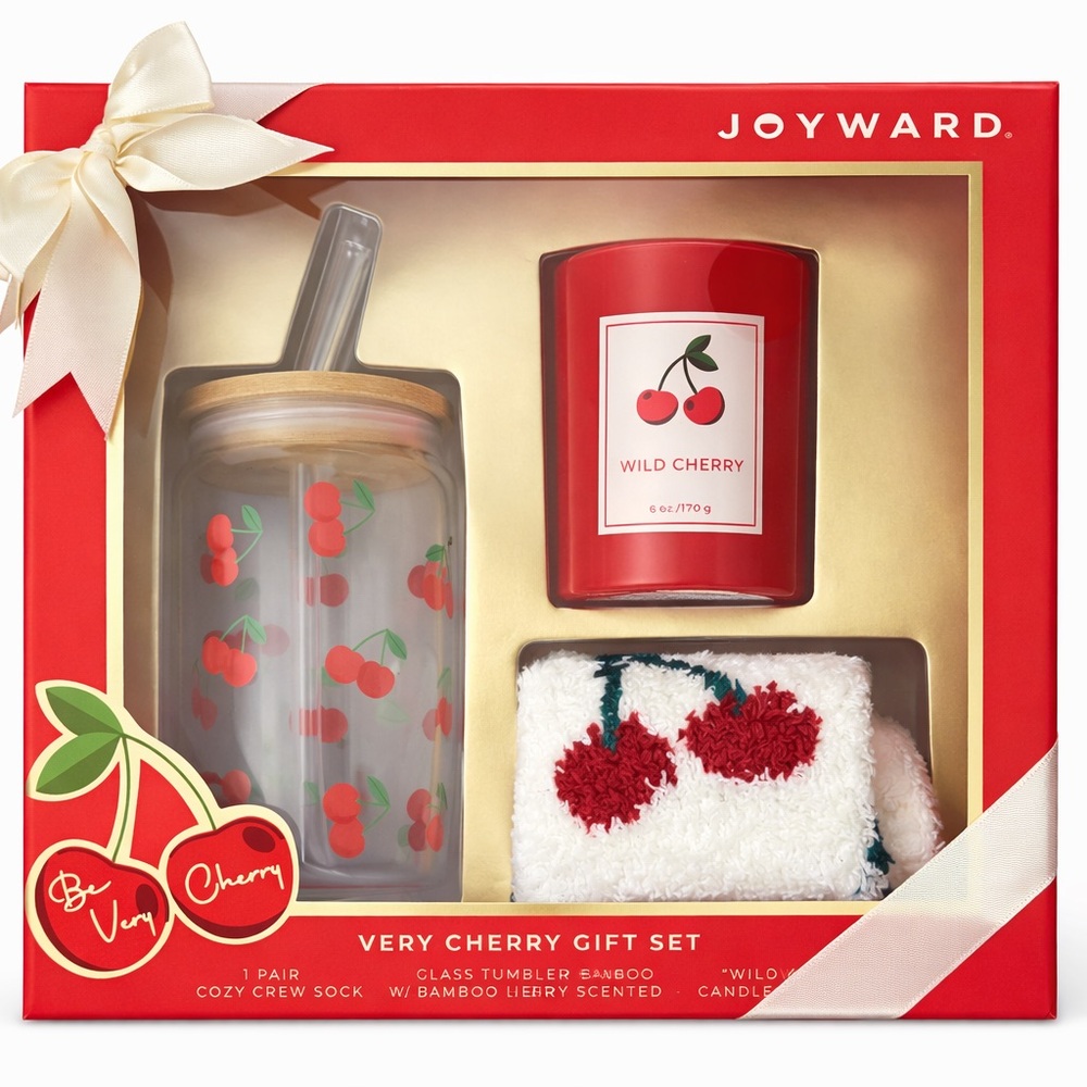 🍒Joyward Very Cherry 🍒 Gift Set Tumbler Candle Cozy Socks Cherry Theme NIB